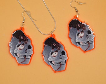 Rats and Skull Necklace and Earrings, Halloween Rat Jewellery, Pet Rat Lovers, Halloween Pendant, Gothic Skull