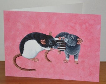 Fancy Rats Greetings Card, Rats with Chocolate Card, Rat Lovers Greetings Card