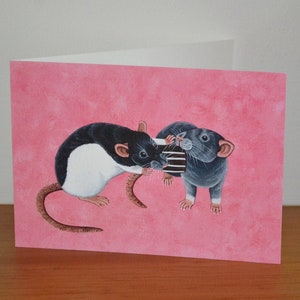 Fancy ratten wenskaart, ratten met chocolade kaart, rat liefhebbers wenskaart