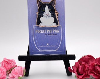 Black and White Cat Wooden Pin Badge, Tuxedo Cat Badge
