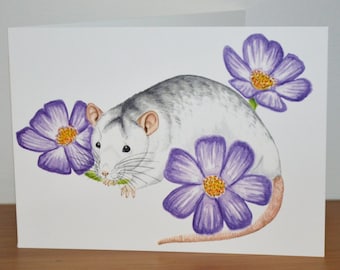 Tarjeta de felicitación de rata con flores moradas, tarjeta de rata linda