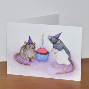 Rat Birthday Card - Two Rats Enjoying a Birthday Cake and Party - Rat Lovers Greetings Card