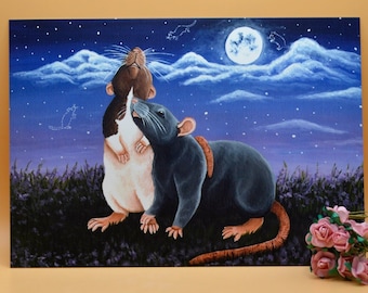 Rat Friends Art Print, A5 Cute Rats Art, Rat Room Decoration, Unframed Rat Print