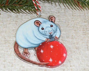White Rat Christmas Decoration, Albino Rat Acrylic Charm, Rat Xmas Ornament