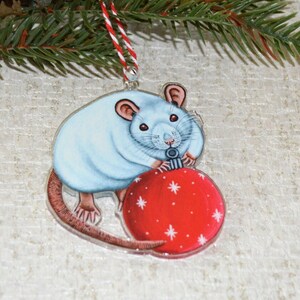 White Rat Christmas Decoration, Albino Rat Acrylic Charm, Rat Xmas Ornament