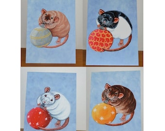 Set of Four Christmas Bauble Rat Cards, Festive Rat Greetings Cards, Xmas Rat Cards