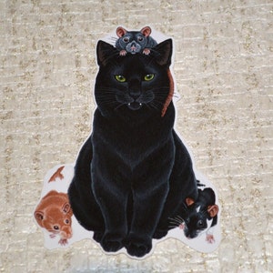 Black Cat and Rats Vinyl Sticker, Rat Lover Stickers, Rat Gift, Cat Vinyl Sticker