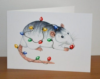 Tarjeta de Navidad de rata, rata ruana con luces de Navidad, tarjeta de felicitación de ratas de Navidad