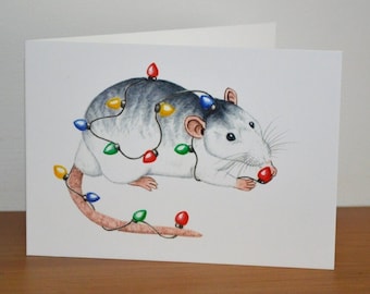 Rat Christmas Card, Roan Rat with Christmas Lights, Xmas Rats Greetings Card