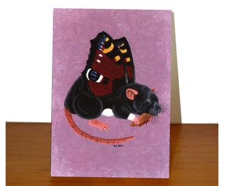Rat Greetings Card, Berkshire Rat with Peacock Butterfly Wings, Ratterfly Design, Great for Rat Lovers, Thinking of You, Notecard