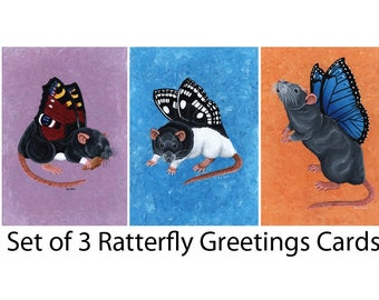 Set of 3 Ratterfly Greetings Cards, Great for Rat Owners, Notecards, Blank Inside, Suit any Occasion, Pet Rats