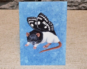 Tarjeta de felicitación de rata con capucha negra, diseño de mosca de cascabel, ideal para dueños de ratas, amigos, interior en blanco para su propio mensaje
