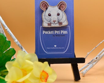 Pocket Pet Pins, Pink Eyed White Mouse Pin Badge, PEW Mouse, Wooden Mouse Charm, Pet Mice Gift