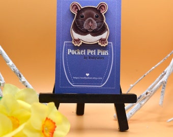 Pocket Pet Pins, Agouti Hooded Rat Pin Badge, Wooden Rat Pin, Wearable Rat Art