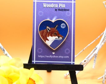 Red Fox Wooden Pin Badge, Fox Badge, Wildlife Pin Badge, Fox under the Moon Wooden Pin, Fox Gift Idea