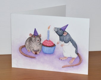 Tarjeta de cumpleaños de rata - Dos ratas disfrutando de un pastel de cumpleaños y una fiesta - Tarjeta de felicitación para amantes de las ratas