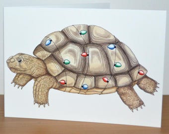 May include: A greeting card featuring a detailed illustration of a tortoise adorned with colorful Christmas lights. The tortoise is depicted in shades of brown and tan, with the lights adding a festive touch to the design. The card is set against a white background.