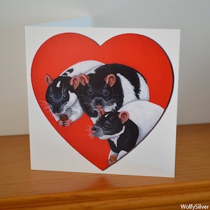 Carte de voeux coeurs de rats, avec des rats de compagnie, intérieur vierge pour votre propre message, rats à capuchon, rat coeur