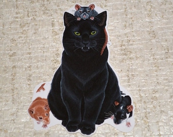 Black Cat and Rats Vinyl Sticker, Rat Lover Stickers, Rat Gift, Cat Vinyl Sticker