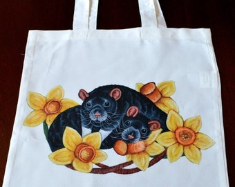 Rat Tote Bag, Rats with Daffodils Shopping Bag, Cuddling Rats Bag
