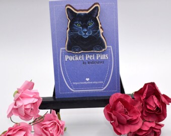 Black Cat Wooden Pin Badge, Cat Badge