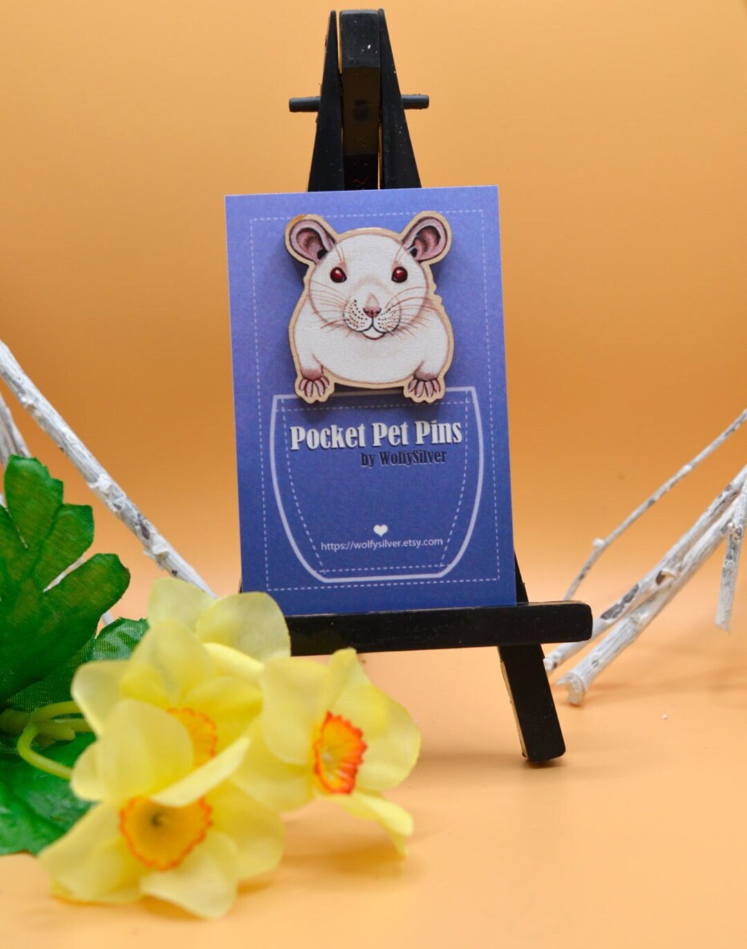 Pocket Pet Pins, Pink Eyed White Rat Pin Badge, Albino Rat Design, Rat