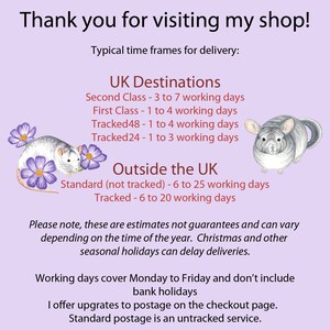 May include: Thank you for visiting my shop! Typical time frames for delivery: UK Destinations - Second Class: 3 to 7 working days, First Class: 1 to 4 working days, Tracked48: 1 to 4 working days, Tracked24: 1 to 3 working days. Outside the UK - Standard (not tracked): 6 to 25 working days, Tracked: 6 to 20 working days. Please note, these are estimates not guarantees and can vary depending on the time of the year. Christmas and other seasonal holidays can delay deliveries. Working days cover Monday to Friday and don't include bank holidays. I offer upgrades to postage on the checkout page. Standard postage is an untracked service.