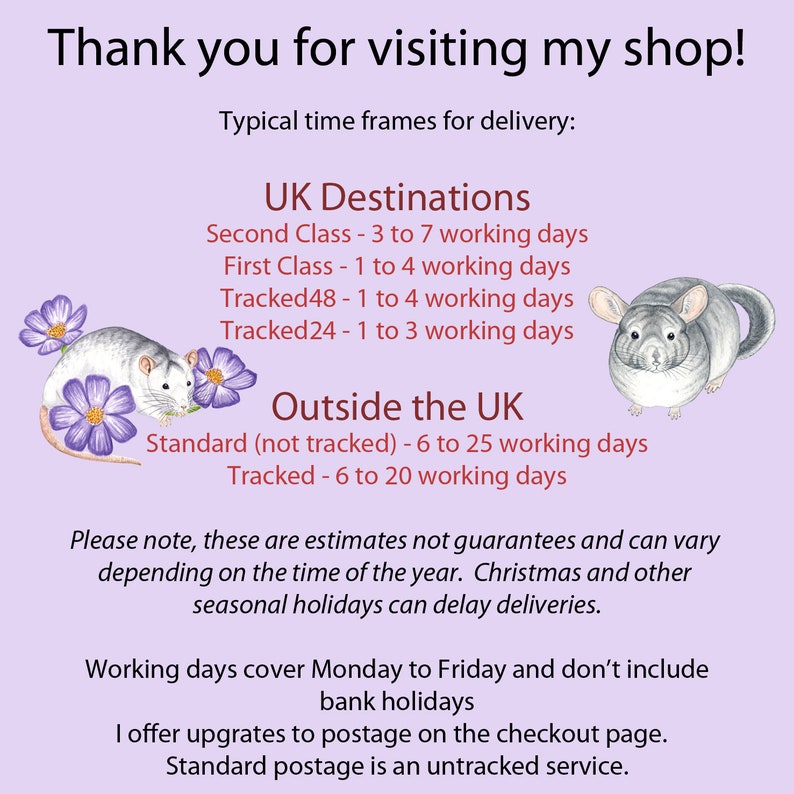May include: Thank you for visiting my shop! Typical time frames for delivery: UK Destinations - Second Class: 3 to 7 working days, First Class: 1 to 4 working days, Tracked48: 1 to 4 working days, Tracked24: 1 to 3 working days. Outside the UK - Standard (not tracked): 6 to 25 working days, Tracked: 6 to 20 working days. Please note, these are estimates not guarantees and can vary depending on the time of the year. Christmas and other seasonal holidays can delay deliveries. Working days cover Monday to Friday and don't include bank holidays. I offer upgrades to postage on the checkout page. Standard postage is an untracked service.