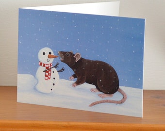 Agouti Rex Rat and Snowman Greetings Card - One Christmas Rat Card