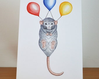 Tarjeta de cumpleaños de rata gris, diseño de tarjeta de cumpleaños de rata Dumbo, tarjeta de saludo de rata, amante de las ratas, celebración de ratas