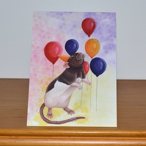 Rat Celebration Card - Agouti Hooded Rat with Balloons Greetings Card - Great for Rat Lovers or Birthday Celebrations