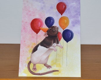 Rat Celebration Card - Agouti Hooded Rat with Balloons Greetings Card - Great for Rat Lovers or Birthday Celebrations