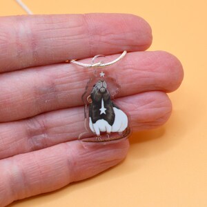 May include: A silver chain necklace with a clear acrylic pendant featuring a black and white rat looking up at a star.