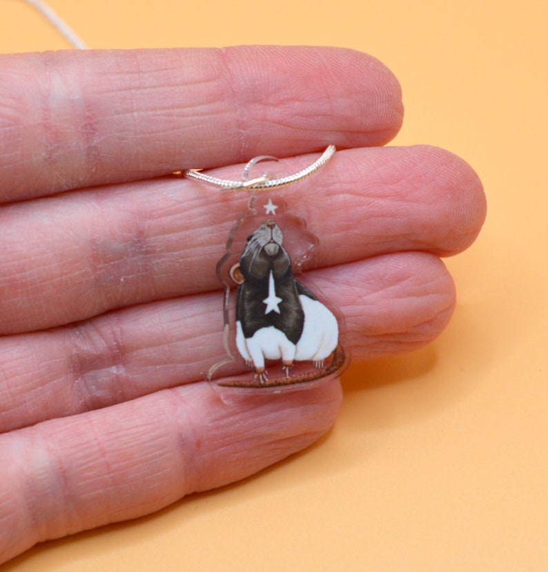 May include: A silver chain necklace with a clear acrylic pendant featuring a black and white rat looking up at a star.