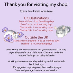 May include: Thank you for visiting my shop! Typical time frames for delivery: UK Destinations - Second Class: 3 to 7 working days, First Class: 1 to 4 working days, Tracked48: 1 to 4 working days, Tracked24: 1 to 3 working days. Outside the UK - Standard (not tracked): 6 to 25 working days, Tracked: 6 to 20 working days. Please note, these are estimates not guarantees and can vary depending on the time of the year. Christmas and other seasonal holidays can delay deliveries. Working days cover Monday to Friday and don't include bank holidays. I offer upgrades to postage on the checkout page. Standard postage is an untracked service.
