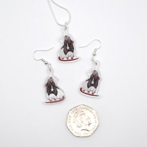 May include: A set of silver rat earrings and a necklace. The rat charms are black and white with a silver star on their chest. The earrings and necklace are hanging from a white background.