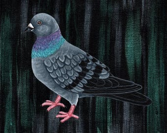 Fat Smoking Pigeon. Quirky Hand Painted Art. British Bird Lovers