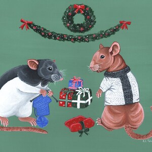 May include: Two rats wearing sweaters stand in front of a stack of wrapped gifts. One rat is black and white and is knitting a blue sweater. The other rat is brown and is wearing a white sweater with a black stripe. A green garland with red bows hangs above them.