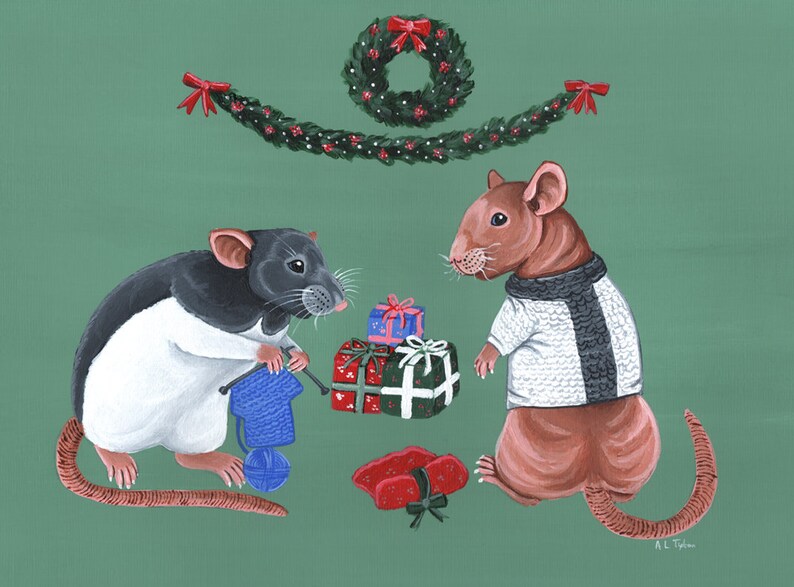 May include: Two rats wearing sweaters stand in front of a stack of wrapped gifts. One rat is black and white and is knitting a blue sweater. The other rat is brown and is wearing a white sweater with a black stripe. A green garland with red bows hangs above them.