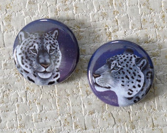 Snow Leopard Button Badges, Big Cat Pin Badge