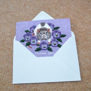 Thank You Rat Greetings Card, Thanks Note Card, For Rat Lovers, Vets, Friends, Just to Say Thank You, Violas, Pansies, Rat and Flowers image 2