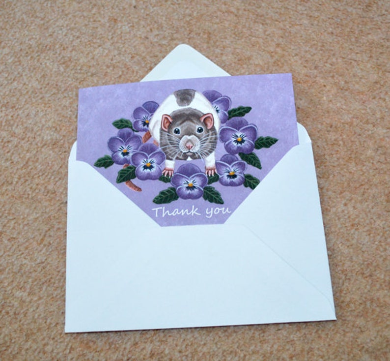 Thank You Rat Greetings Card, Thanks Note Card, For Rat Lovers, Vets, Friends, Just to Say Thank You, Violas, Pansies, Rat and Flowers image 2