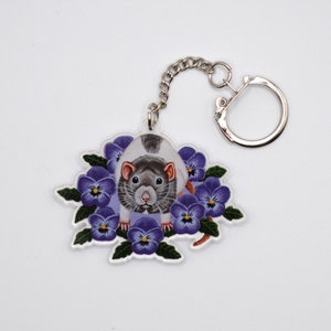 Rat with Flowers Keyring Charm, Acrylic Printed Keychain, Hooded Rat Design, Great for Rat Lovers Gift Idea