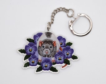 Ratte mit Blumen Schlüsselanhänger Charm, Acryl Gedruckt Keychain, Ratte mit Kapuze Design, ideal für Ratten Liebhaber Geschenkidee