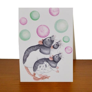 Rat familiewenskaart, huisdierenratten kijken naar bellen, ideaal voor verjaardagen, Moederdag, Vaderdag, vieringen, rattenliefhebbers