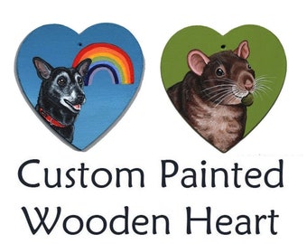 Corazón de madera pintado a medida, cualquier mascota pintada, ahorcable, retrato de mascota, gato, perro, rata, roedor, conejo, degu, conejillo de indias (Cavy), hámster, etc.