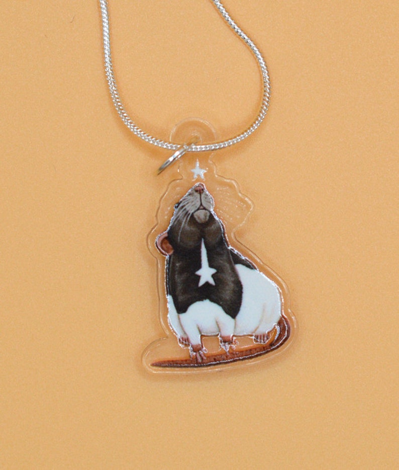 May include: A silver chain necklace with a clear acrylic pendant featuring a black and white rat looking up at a white star.