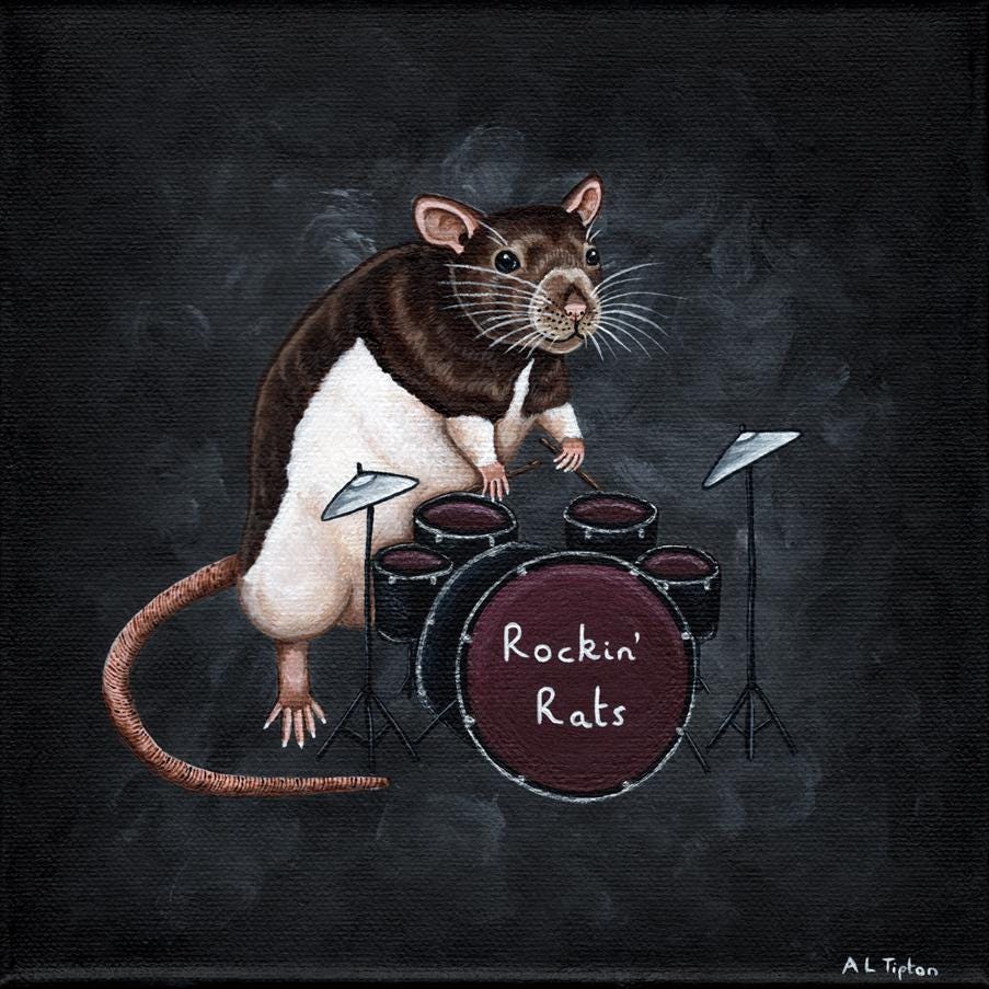 Rockin' Rats Original Canvas Art, Hand Painted Rat Playing the Drums