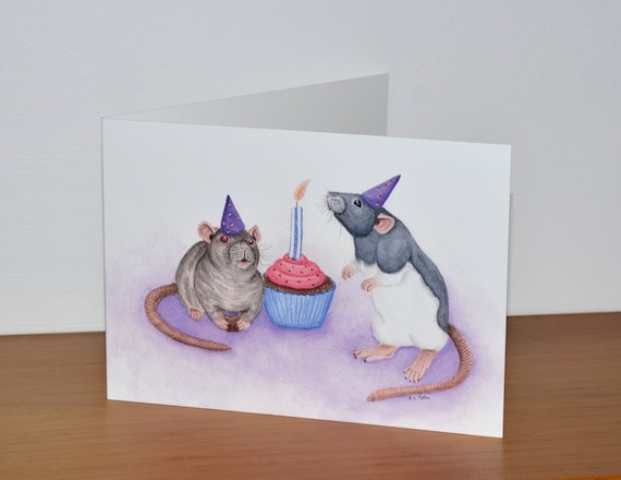 Rat Birthday Card - Two Rats Enjoying a Birthday Cake and Party - Rat Lovers Greetings Card