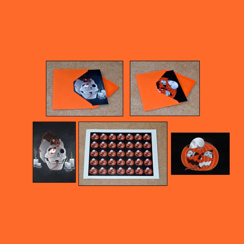 halloween card and sticker set halloween greetings cards spooky stickers featuring pet rats pumpkins and skulls stationary pack halloween greetings card